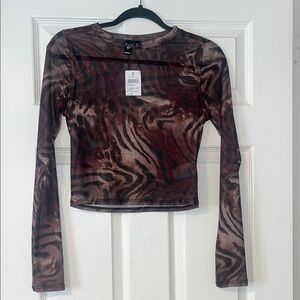 Windsor Brown & Black Printed Sheer Long Sleeve Crop Top